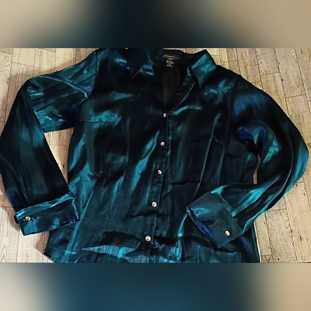 Elementz Metallic Teal/Emerald Collared Rhinestone Button Down Top size 1x EUC